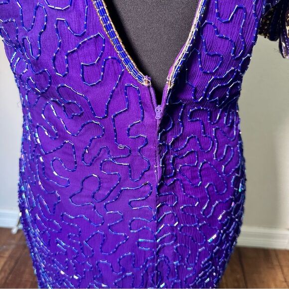 Laurence Kazar Silk Purple and Gold Embellished Sheath Dress - Picture 9 of 10
